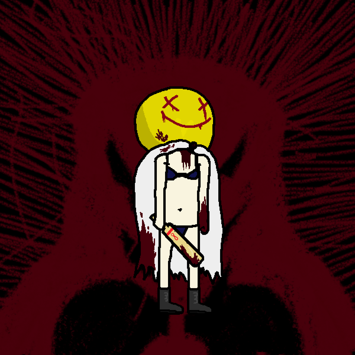 a microsoft paint drawing of a woman in a bloody white cape with a smiling mascot head holding a bloody baseball bat.
